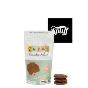 ZAZA’s Cannabis-Infused Cookie Mix packaging with fresh baked cannabis cookies beside it