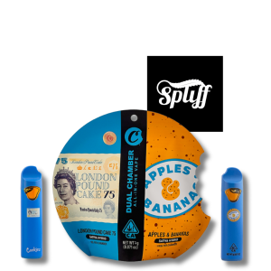 Cookies dual chamber disposable vape pen combining London Pound Cake and Apples & Bananas strains, 1 gram dual chamber device with Cookies branded packaging at Spliff Nation Dispensary in Washington DC
