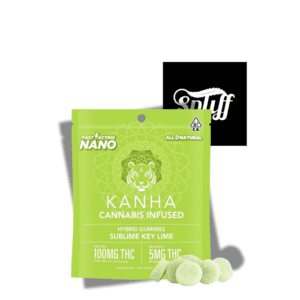 Kanha Cannabis Infused Gummies in bright green packaging with cannabis gummies displayed in front