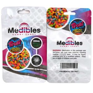 Colorful gummy candy packaging with Medibles branding and warning label.