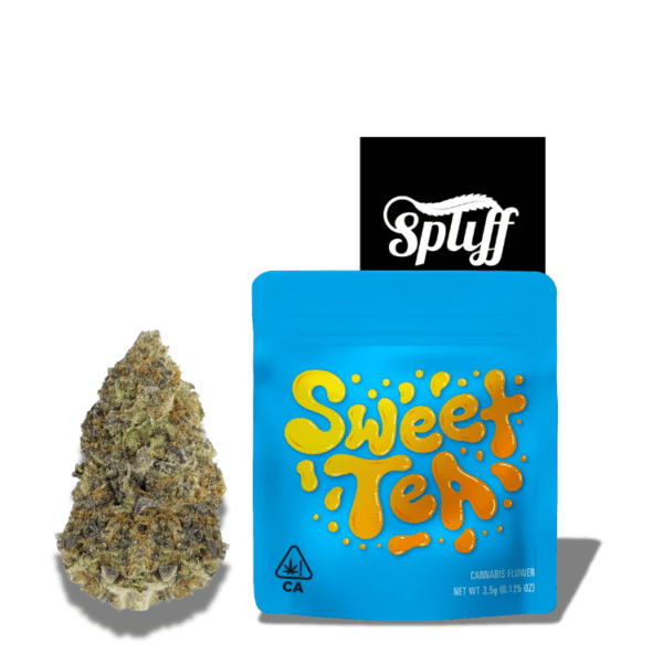 Cookies Sweet Tea Cannabis Flower - 3.5g (1/8 oz) Premium Exotic Buds, vibrant packaging with dense, crystal-coated bud beside blue bag labeled Sweet Tea by Cookies, available at Spliff Nation Dispensary in Washington DC