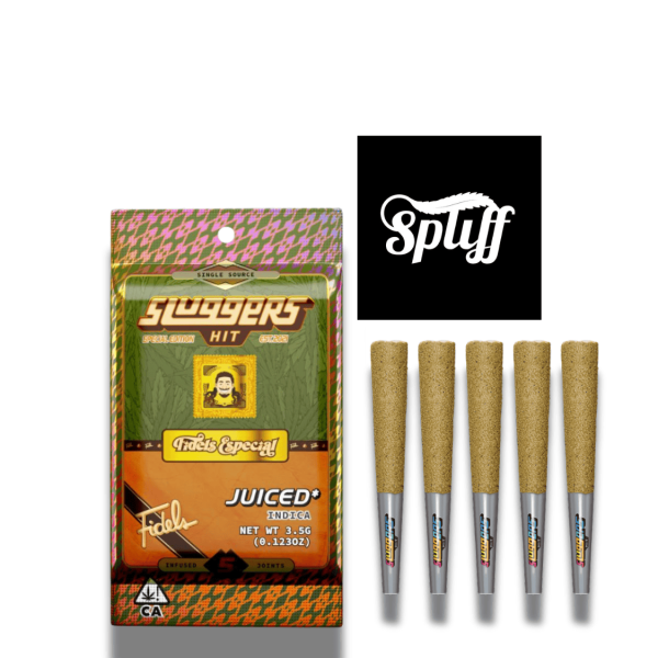 Pre-roll joints with cannabis at Spliff Nation Dispensary, featuring branded packaging and five roll.
