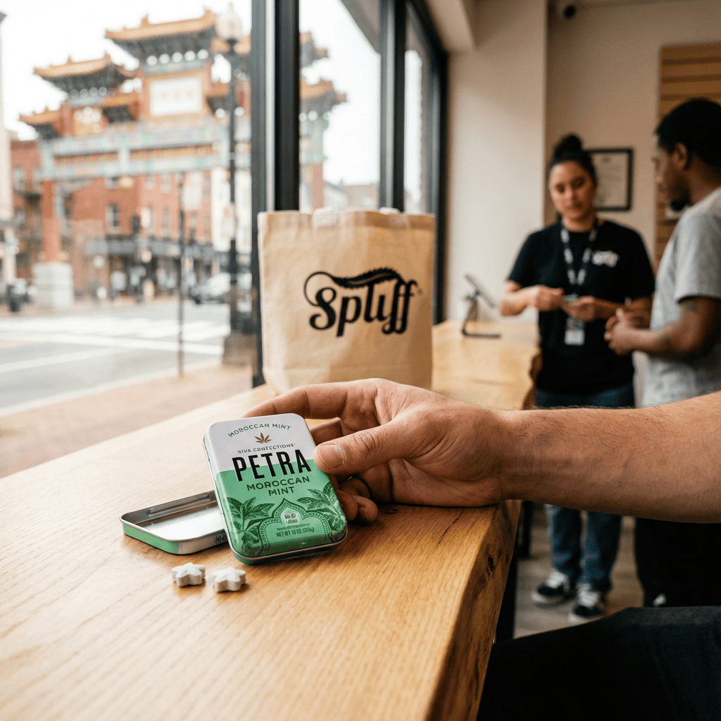 Cannabis Dispensary in Chinatown, Washington, DC | Spliff Nation Dispensary | Washington DC Cannabis product and Spliff Nation bag inside the Chinatown dispensary